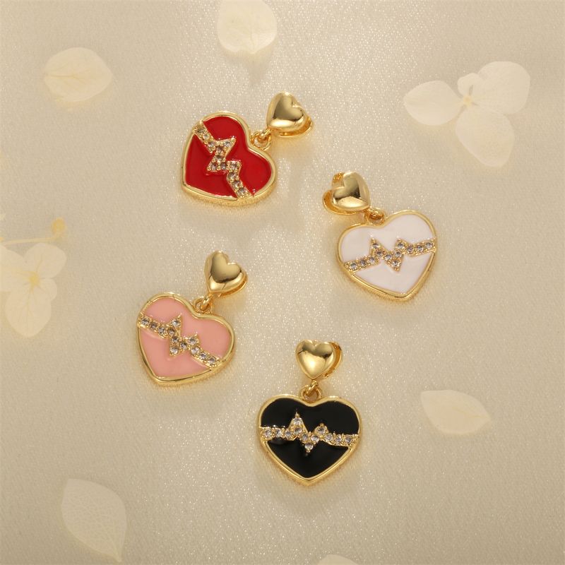 Simple Style Heart Shape Copper Enamel Inlay Zircon 18k Gold Plated Valentine's Day Charms