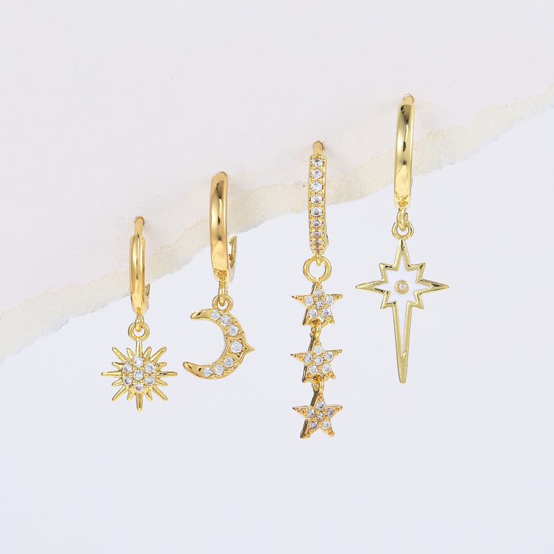 1 Set Cute Sweet Star Moon Plating Inlay Brass Zircon 18k Gold Plated Silver Plated Drop Earrings