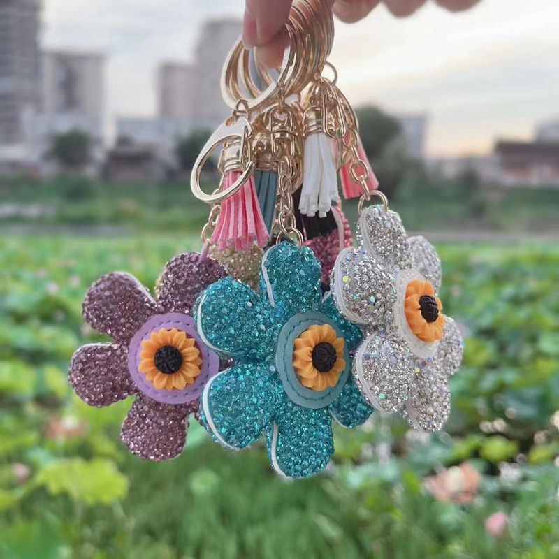 Sweet Flower Pu Leather Tassel Inlay Rhinestones Bag Pendant Keychain
