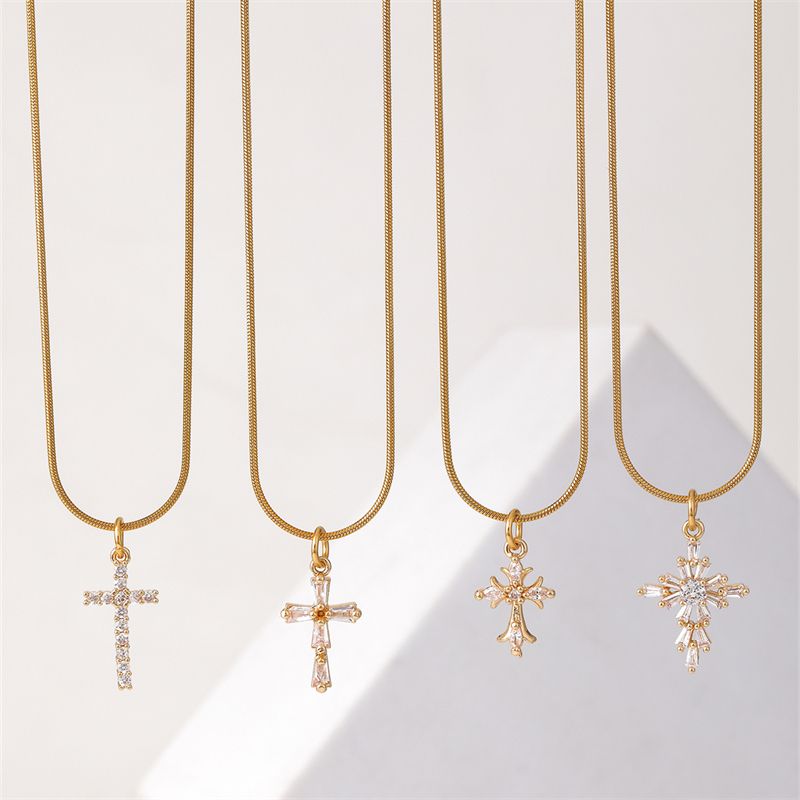 Wholesale IG Style Simple Style Cross 304 Stainless Steel Copper Plating Inlay K Gold Plated Rhodium Plated Zircon Necklace