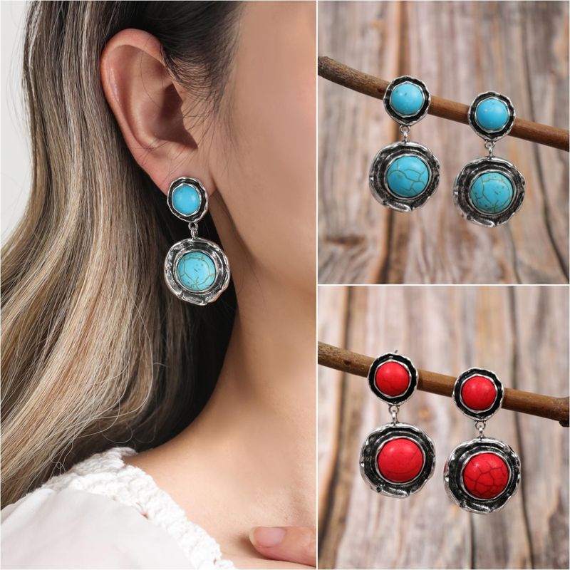 1 Pair Retro Solid Color Inlay Alloy Turquoise Drop Earrings