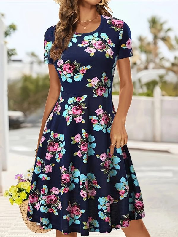 Women's Regular Dress Elegant Round Neck Short Sleeve Flower Knee-length Daily