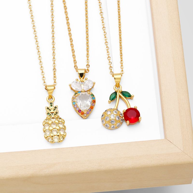 Simple Style Cherry Pineapple Copper Plating Inlay Zircon 18k Gold Plated Necklace