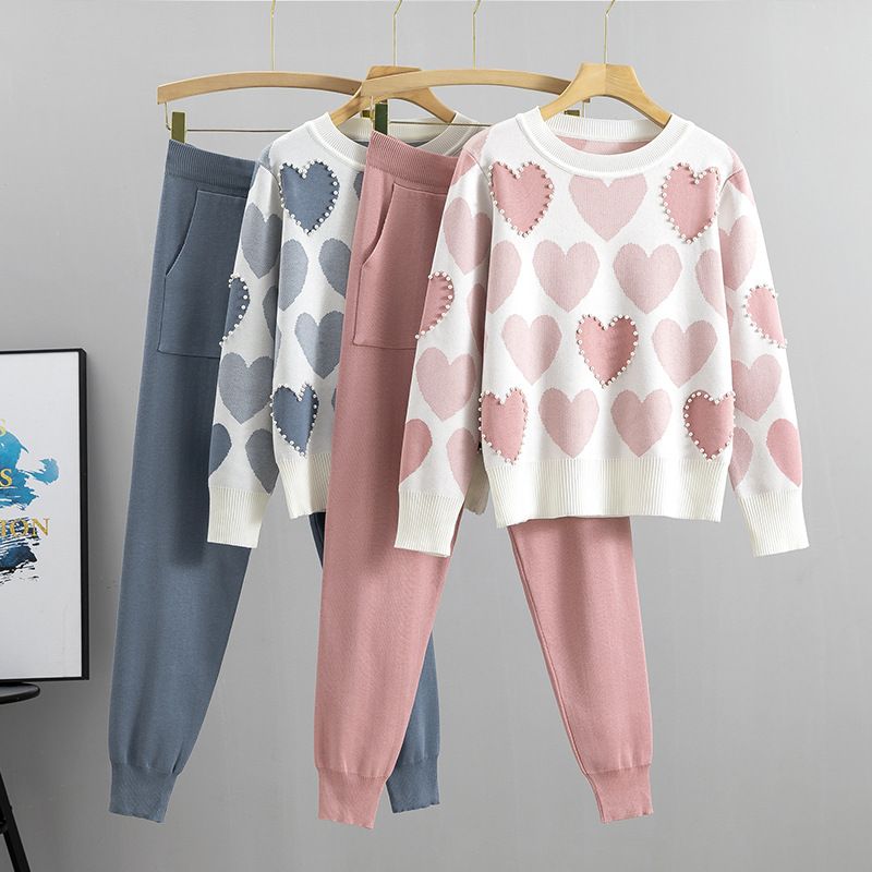 Daily Women's Casual Preppy Style Classic Style Color Block Heart Shape Polyester Pants Sets Pants Sets