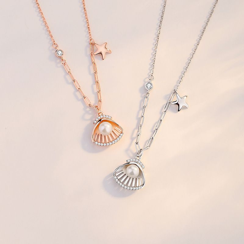 Beach Simple Style Starfish Shell Sterling Silver Plating Inlay Pearl Zircon Pendant Necklace