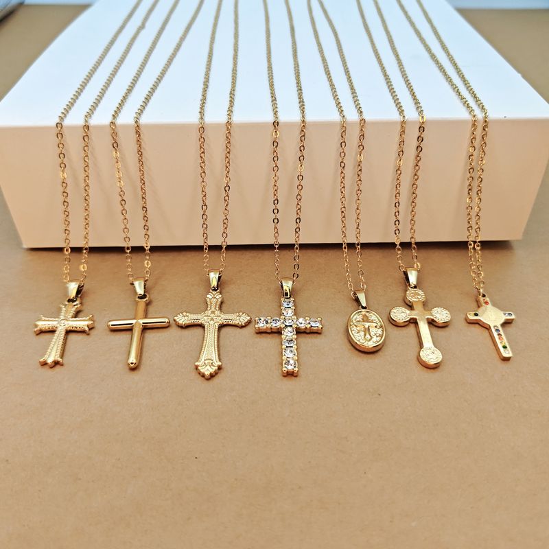 Classic Style Cross Stainless Steel Inlay Rhinestones Pendant Necklace