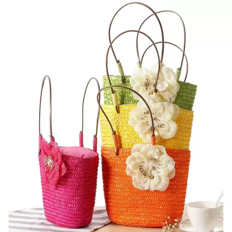 Women's Straw Flower Vacation Beach Weave Flowers Sewing Thread Bucket String Handbag Straw Bag