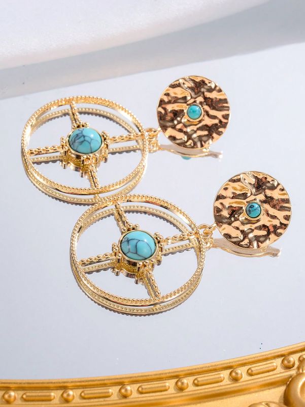 1 Pair Retro Ethnic Style Bohemian Geometric Round Plating Inlay Alloy Turquoise Drop Earrings