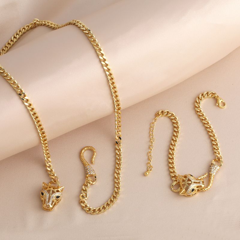 Ig-stil Einfacher Stil Leoparden Kopf Kupfer Überzug Inlay Zirkon 18 Karat Vergoldet Armbänder Halskette