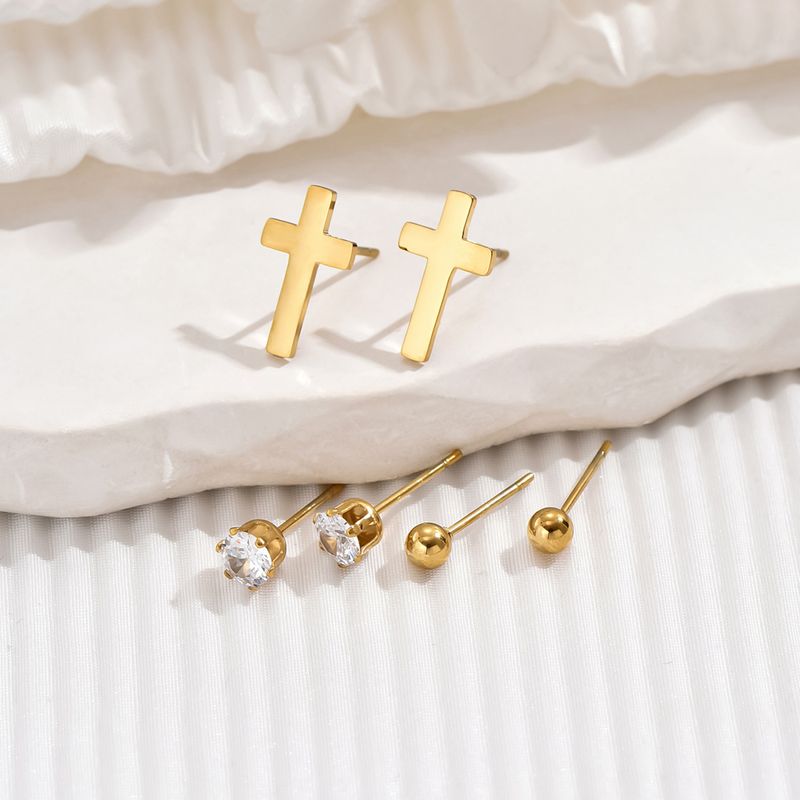 1 Set Simple Style Cross Round Plating Inlay 304 Stainless Steel Zircon 14K Gold Plated Ear Studs