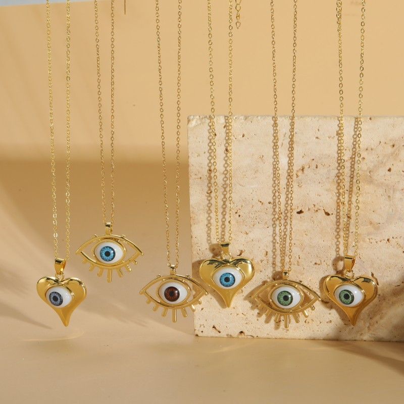 Einfacher Stil Teufels Auge Herzform Kupfer Emaille Überzug 14 Karat Vergoldet Halskette Mit Anhänger