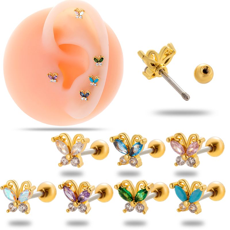 1 Piece Ear Cartilage Rings & Studs Simple Style Classic Style Butterfly 316 Stainless Steel  Copper Plating Inlay Zircon