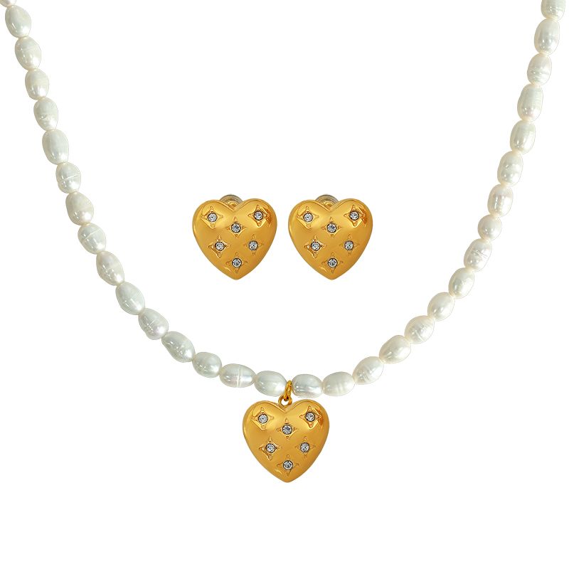 Lady Streetwear Heart Shape Freshwater Pearl Titanium Steel Plating Inlay Rhinestones 18k Gold Plated Women's Earrings Necklace