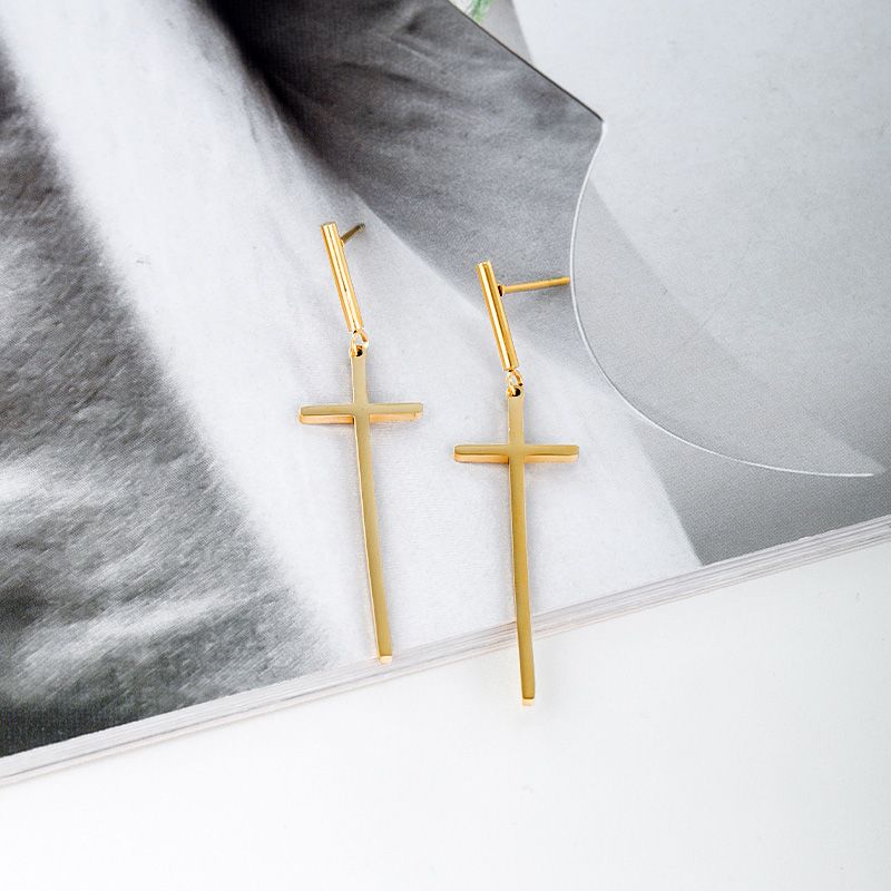 1 Pair Simple Style Cross Plating 304 Stainless Steel 18K Gold Plated Raw Steel Drop Earrings