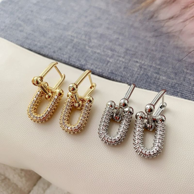 1 Paire Rétro Luxueux Style Simple Double Anneau Placage Incruster Le Cuivre Zircon Plaqué Or 18k Boucles D'oreilles