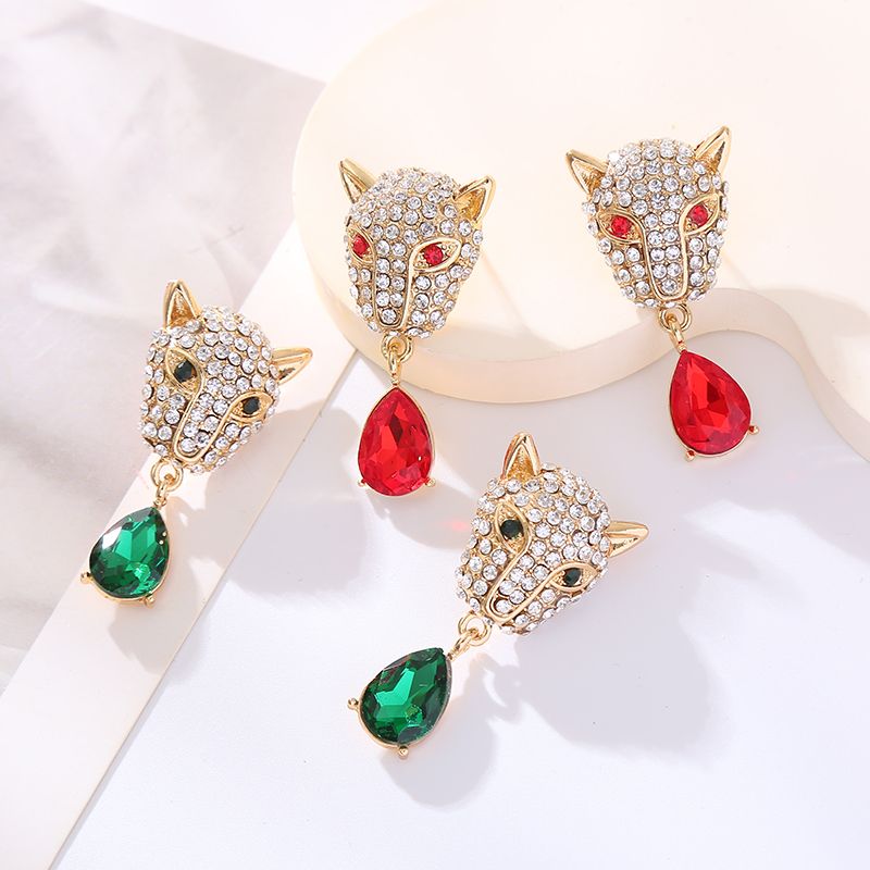 1 Par Elegante Cabeza De Leopardo Embutido Aleación Diamante De Imitación Diamantes De Imitación Pendientes De Gota