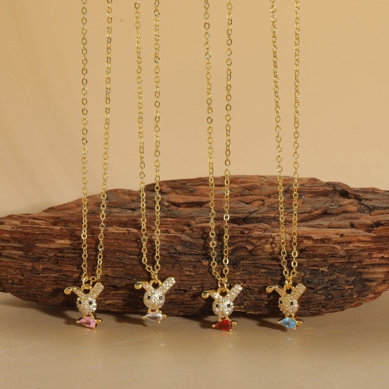Cute Rabbit Elephant Copper Enamel Plating Inlay Zircon 14k Gold Plated Pendant Necklace