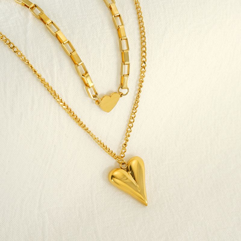 304 Stainless Steel 18K Gold Plated Simple Style Plating Heart Shape Double Layer Necklaces