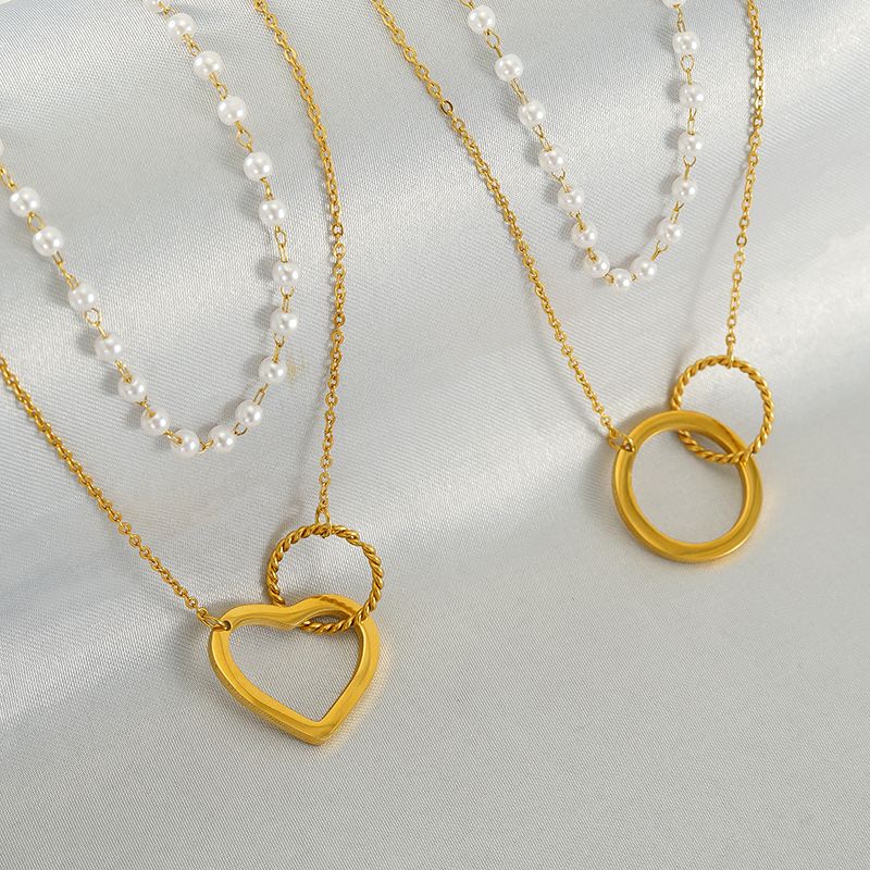 304 Stainless Steel 18K Gold Plated Simple Style Pearl Plating Circle Heart Shape Double Layer Necklaces