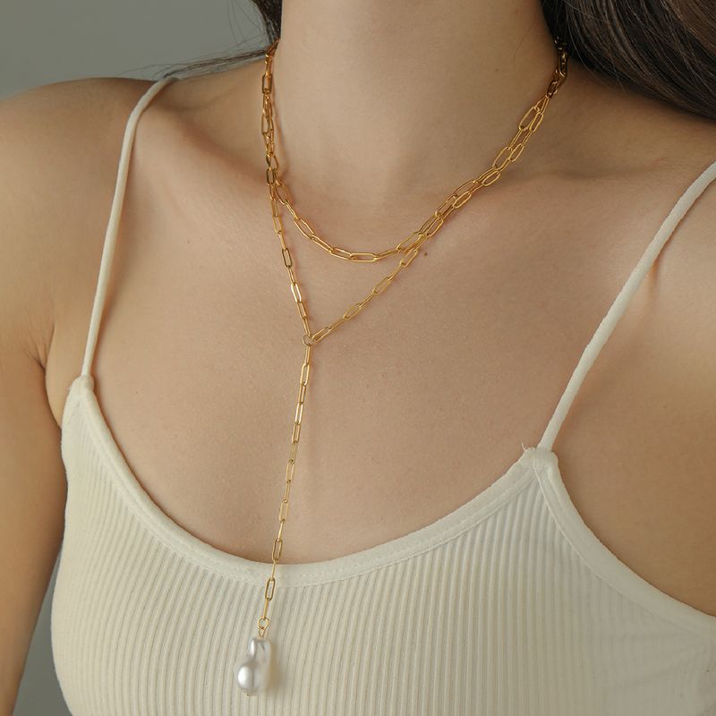 Simple Style Irregular Stainless Steel Pearl Plating Double Layer Necklaces