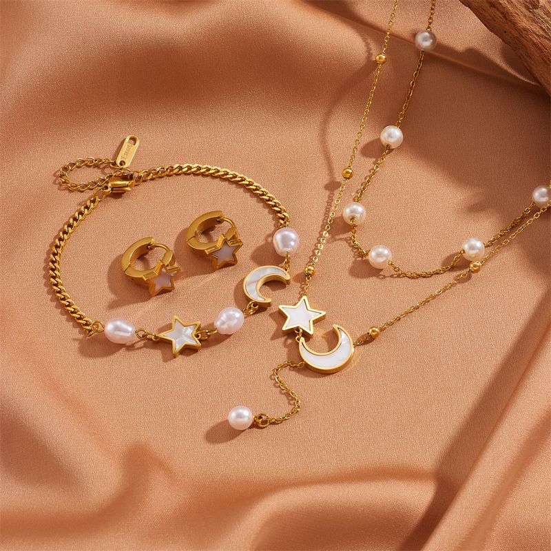 Stainless Steel 18K Gold Plated Casual Simple Style Pearl Inlay Star Moon Shell Bracelets Earrings Necklace