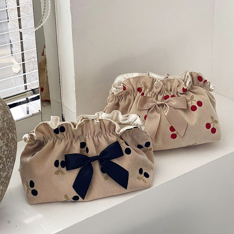 Cute Vintage Style Polka Dots Bow Knot Corduroy Bucket Makeup Bags