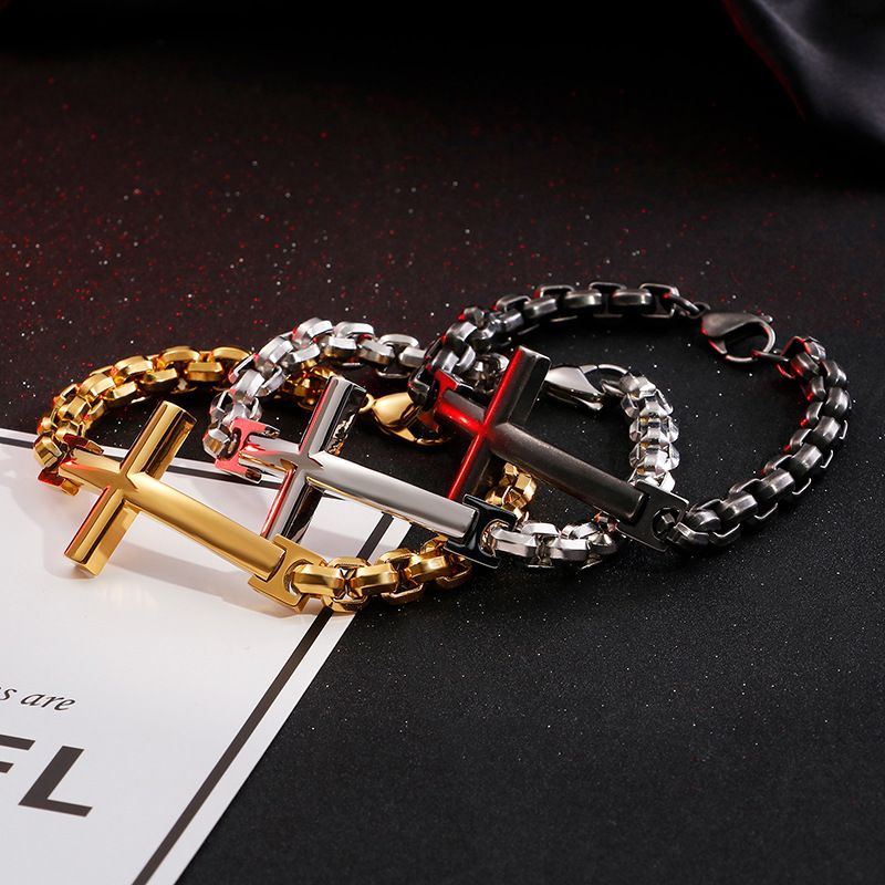 Hip-Hop Cross Titanium Steel 18K Gold Plated Men's Bracelets