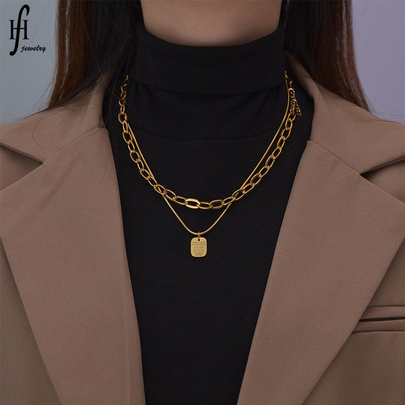 201 Stainless Steel 18K Gold Plated Streetwear Plating Square Layered Necklaces