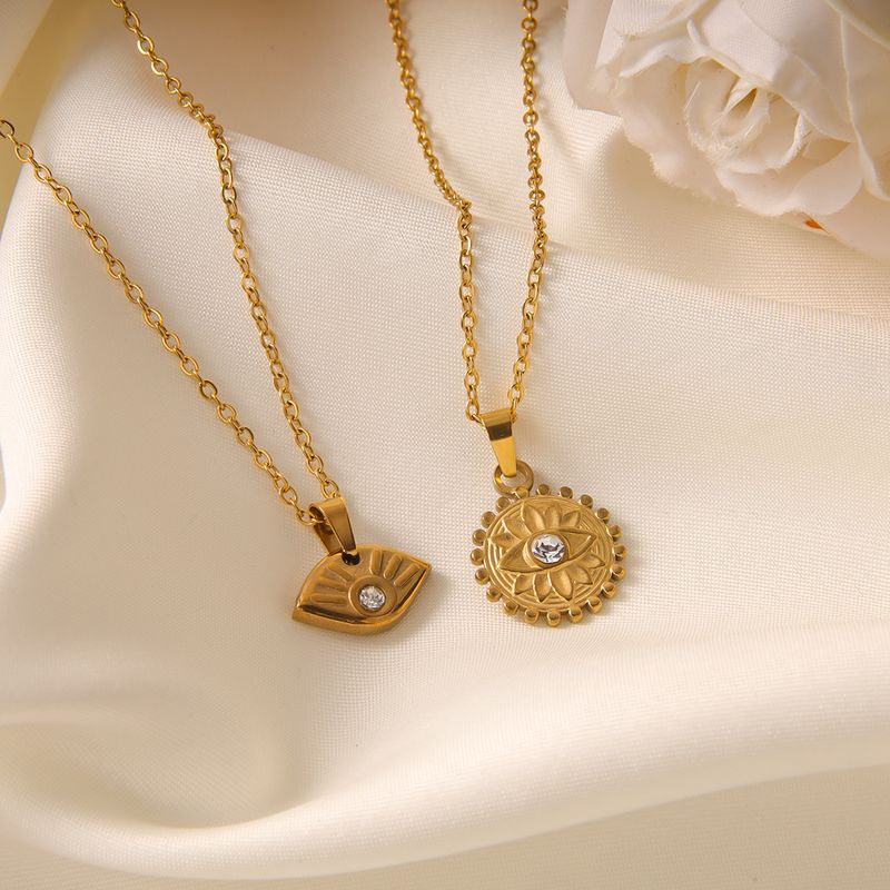 Vintage Style French Style Devil's Eye Solid Color Lotus Stainless Steel Plating Inlay Zircon 18k Gold Plated Pendant Necklace