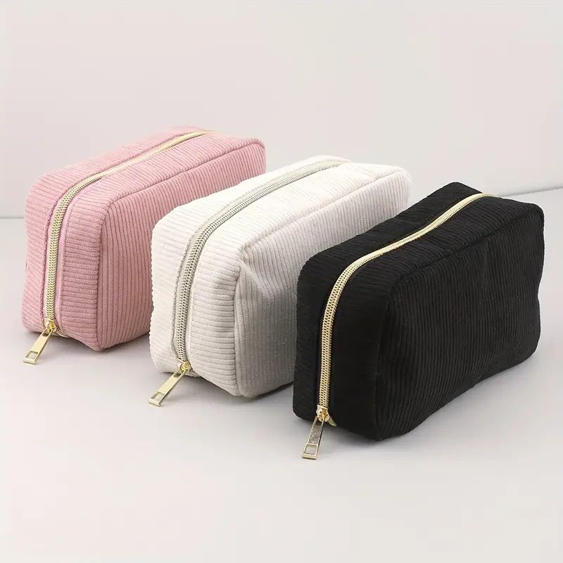 Women's Corduroy Solid Color Basic Square Zipper Cosmetic Bag Wash Bag