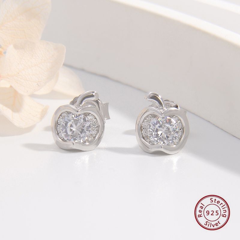 1 Pair Elegant Simple Style Apple Plating Inlay Sterling Silver Zircon White Gold Plated Rhodium Plated Ear Studs