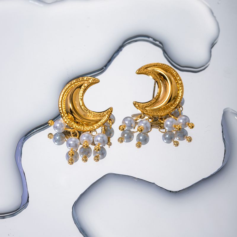 1 Pair IG Style Moon Plating 304 Stainless Steel Artificial Pearl Drop Earrings