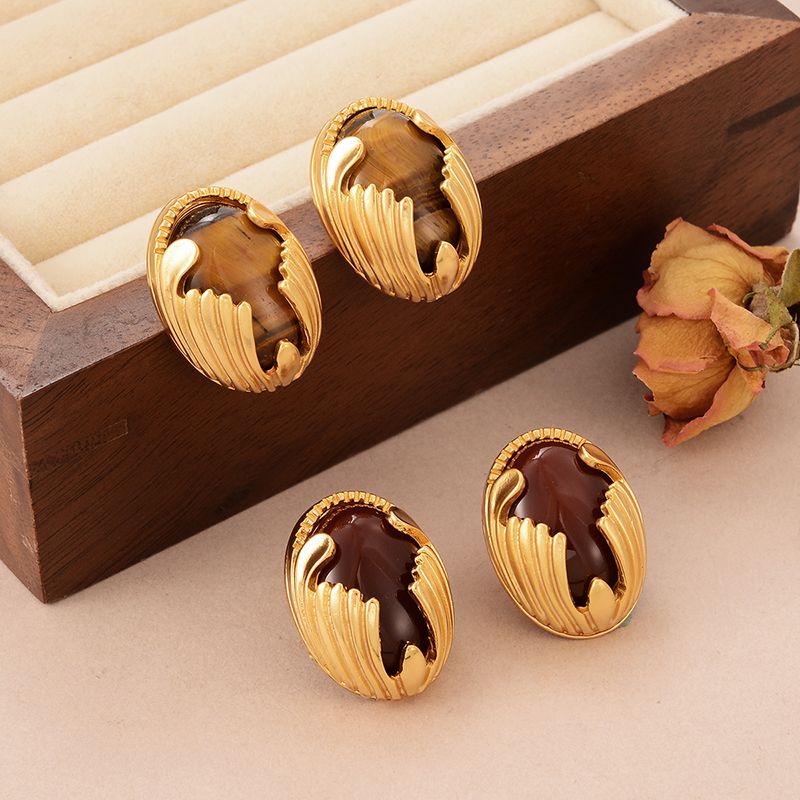 1 Pair Vintage Style Oval Water Ripples Copper Natural Stone 18k Gold Plated Ear Studs