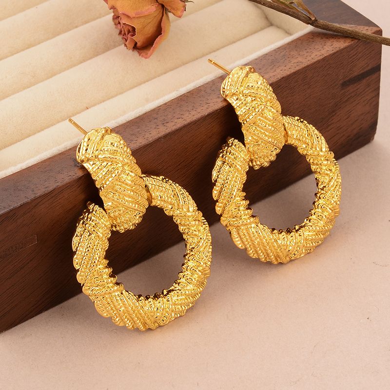 1 Par Estilo Vintage Estilo Francés Circulo Cobre Chapado En Oro De 18 Quilates. Pendientes