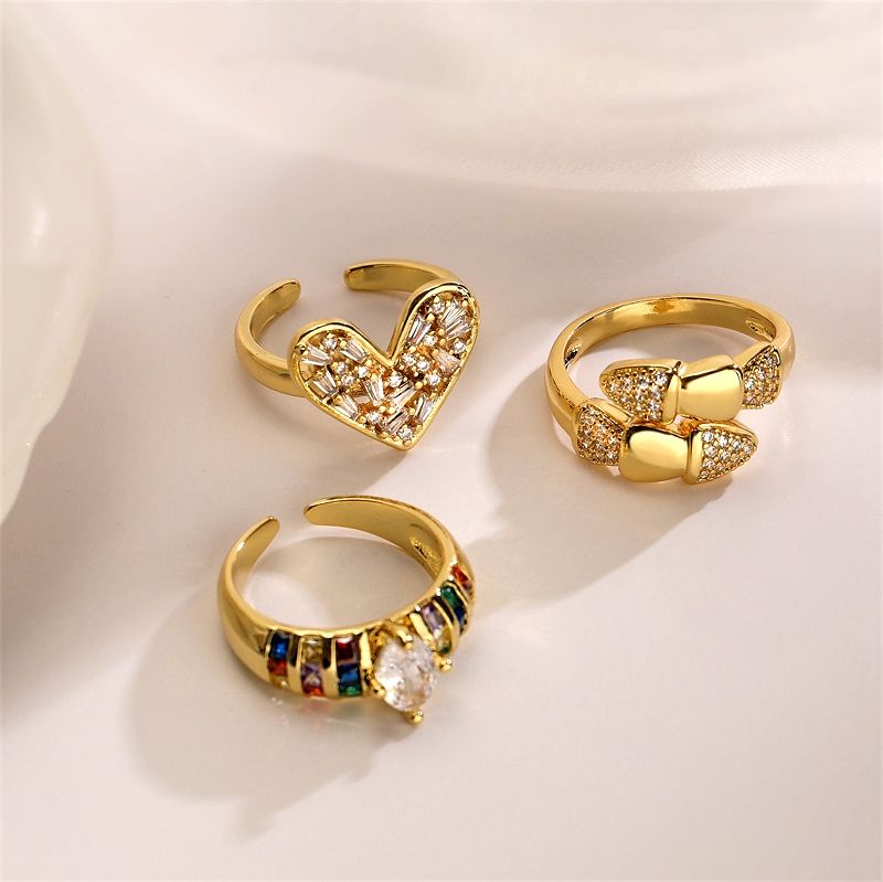 Estilo Vintage Forma De Corazón Cobre Enchapado Embutido Circón Chapado En Oro Anillos Abiertos