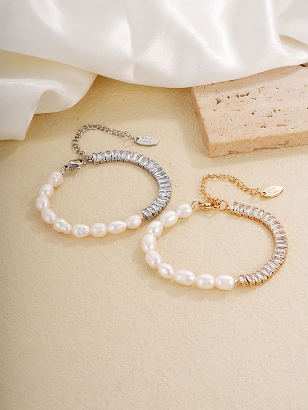 Edelstahl 304 Vergoldet Versilbert Elegant Einfacher Stil Perlen Überzug Inlay Geometrisch Perle Zirkon Armbänder