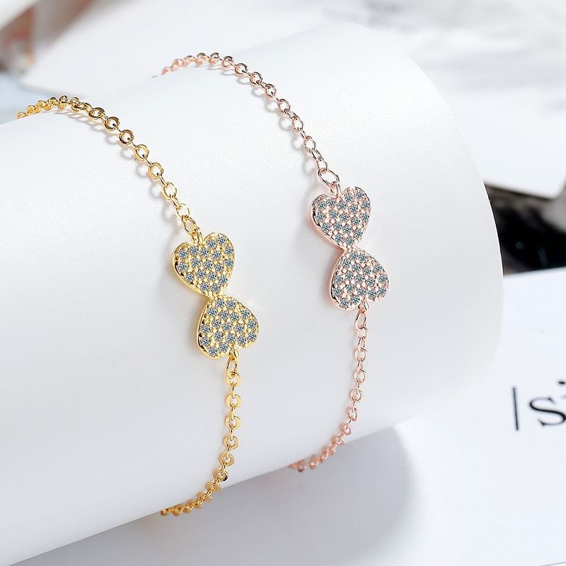 Sucré Style Simple Forme De Cœur Abeille Noeud D'arc Argent Sterling Zircon Plaqué Or Rose Bracelets