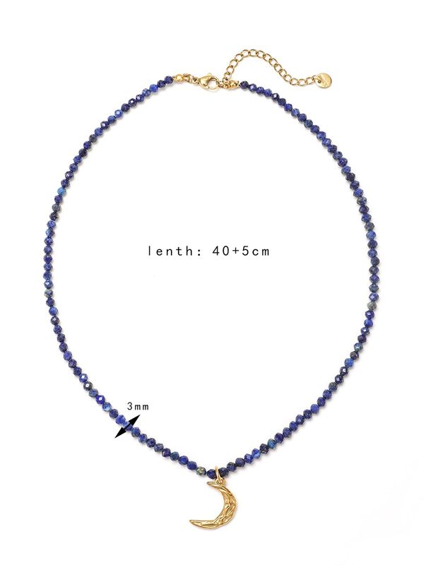 Lady Moon Stainless Steel Ore Lapis Lazuli Beaded Handmade Pendant Necklace