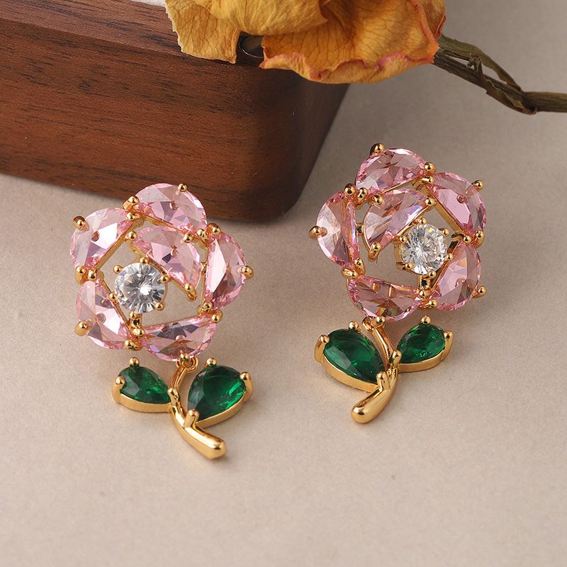 1 Paire Sucré Rose Placage Incruster Le Cuivre Zircon Plaqué Or 18k Boucles D'oreilles