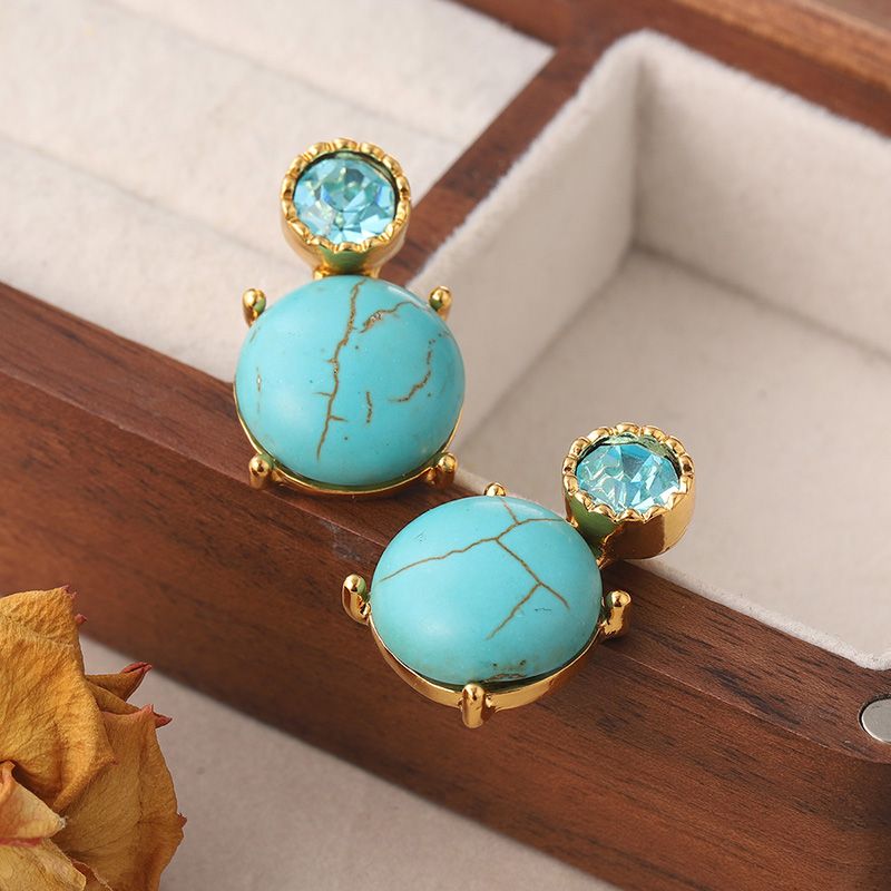 1 Pair Vintage Style Tortoise Plating Inlay Copper Turquoise Rhinestones 18k Middle Ancient Gold Drop Earrings