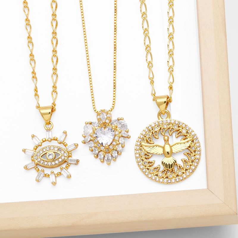 Vintage Style Simple Style Devil's Eye Heart Shape Bird Copper Plating Inlay Zircon 18k Gold Plated Pendant Necklace