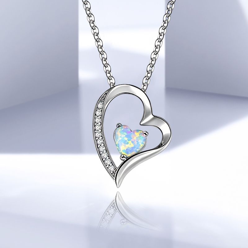 Copper White Gold Plated Elegant Heart Shape Plating Inlay Opal Pendant Necklace