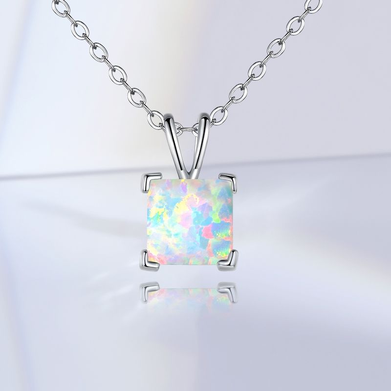 Copper White Gold Plated Elegant Simple Style Square Inlay Opal Pendant Necklace