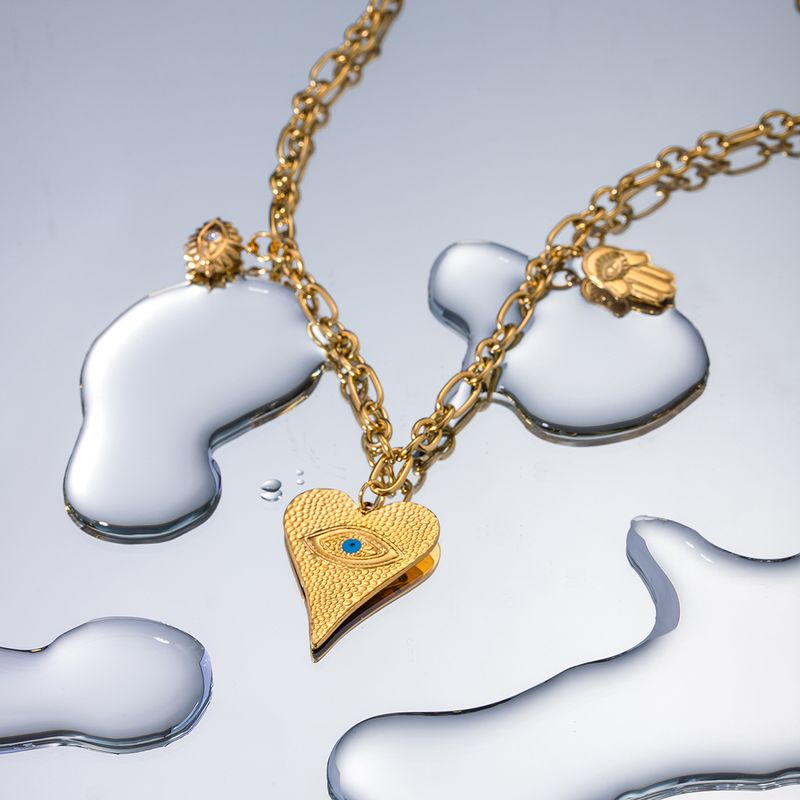 Ig Style Simple Style Devil's Eye Hand Of Fatima Heart Shape Stainless Steel Enamel Plating 18k Gold Plated Necklace