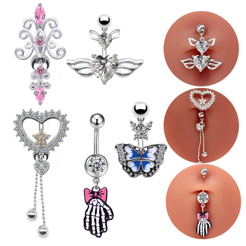 1 Piece Belly Rings Elegant Luxurious Classic Style Heart Shape Wings Butterfly 316 Stainless Steel  Alloy Epoxy Plating Inlay Rhinestones Glass White Gold Plated