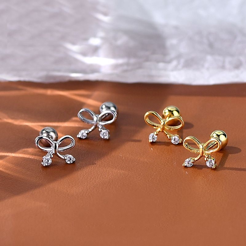 1 Pair Simple Style Bow Knot Plating Inlay Sterling Silver Zircon Ear Studs