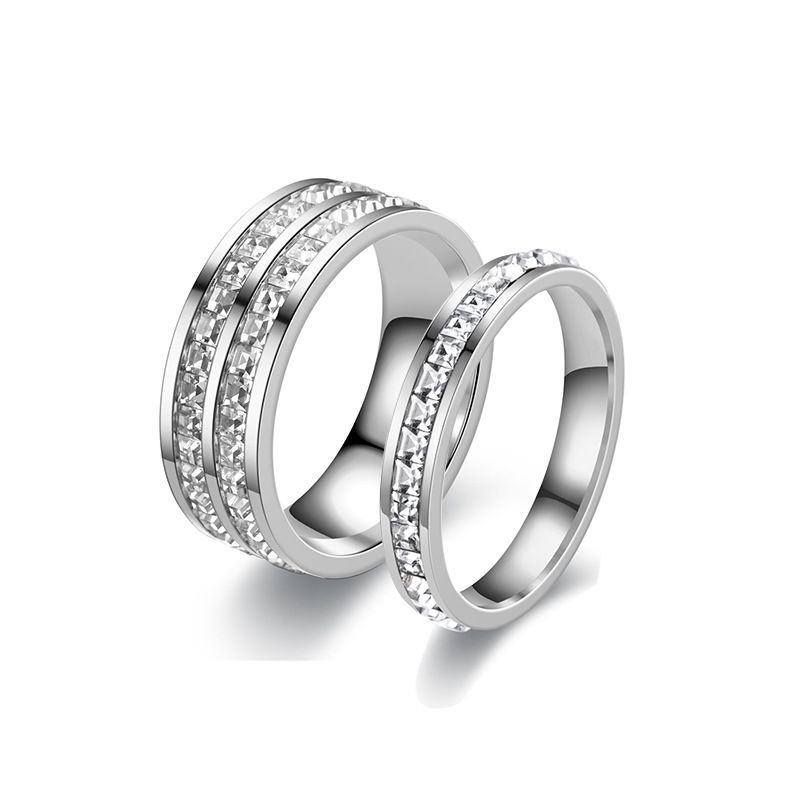 Classic Style Solid Color Stainless Steel Inlay Artificial Diamond Couple Rings