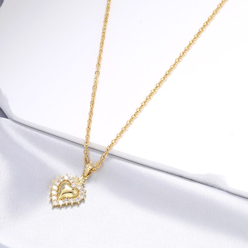 Casual Vintage Style Simple Style Heart Shape Copper Plating Inlay Zircon 18k Gold Plated Pendant Necklace