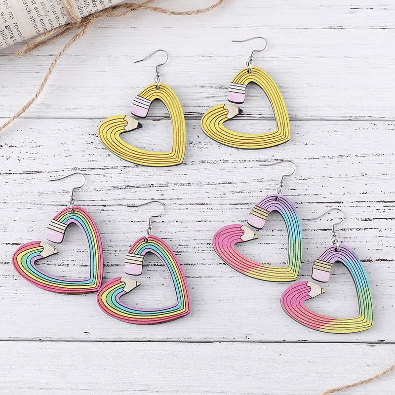 1 Par Retro Forma De Corazón Lápiz Madera Pendientes De Gota