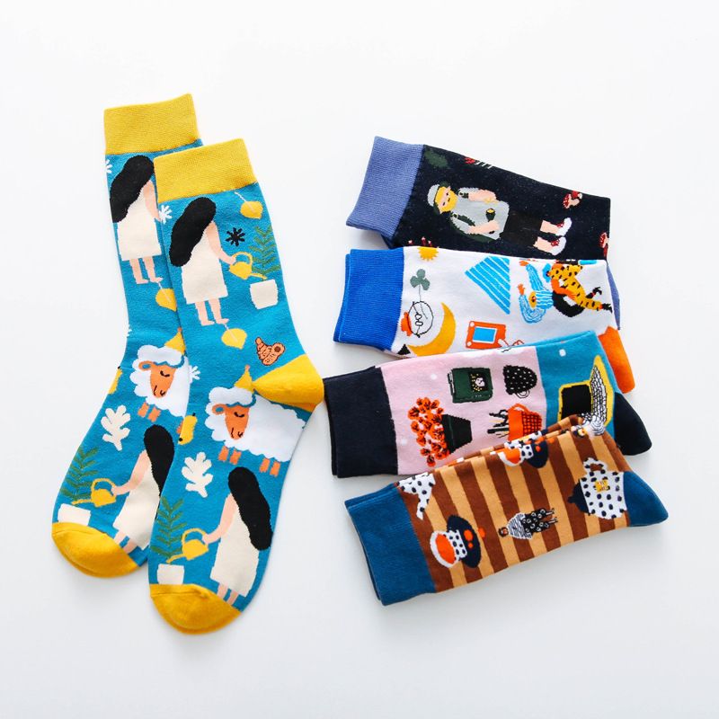 Unisex Basic Streetwear Cartoon Cotton Jacquard Crew Socks A Pair